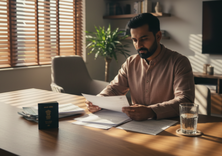 An Indian passport and organized document folder resting on a desk beside a laptop.