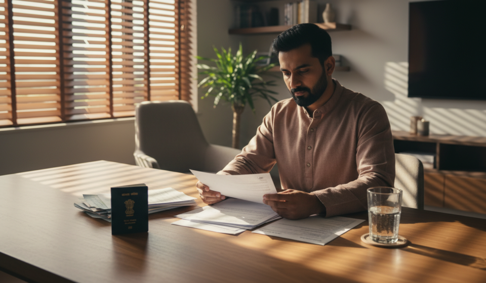 Canada Visitor Visa Documents Checklist for Indians: 2026 Guide An Indian passport and organized document folder resting on a desk beside a laptop.