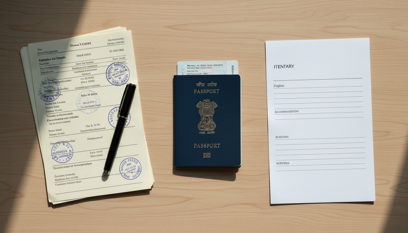 Canada Visitor Visa Documents Checklist for Indians: 2026 Guide 2 Overhead view of an Indian passport, bank statement pages, and a written itinerary laid out on a wooden table.