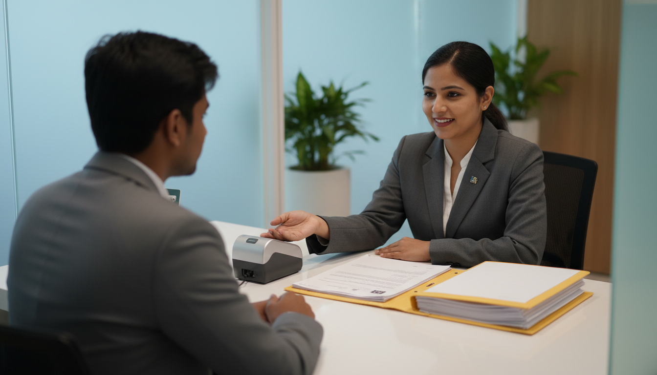 Canada Visitor Visa Documents Checklist for Indians: 2026 Guide 1 An applicant presenting travel documents at a modern visa service desk during a biometric appointment.