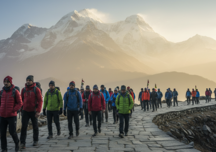 Pilgrims walking along a paved mountain path surrounded by Himalayan peaks during the Chardham Yatra.