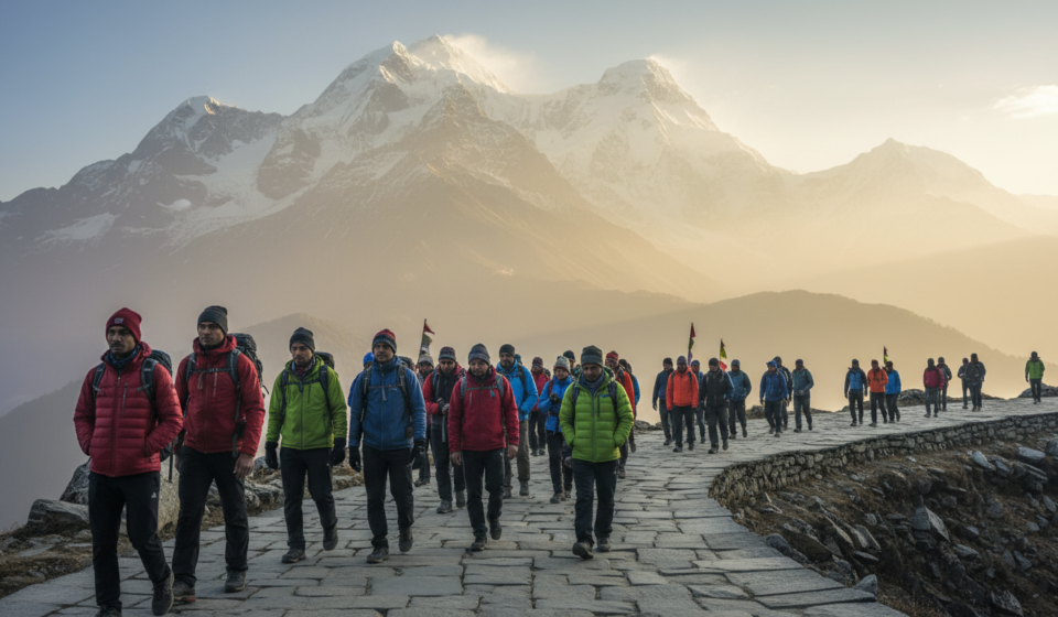 Pilgrims walking along a paved mountain path surrounded by Himalayan peaks during the Chardham Yatra.