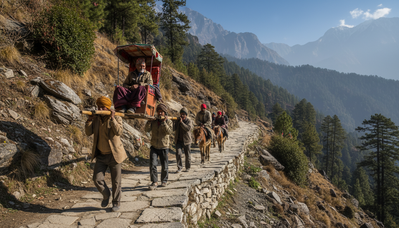 An elderly pilgrim being carried in a traditional wooden palki by porters along a steep mountain trail.