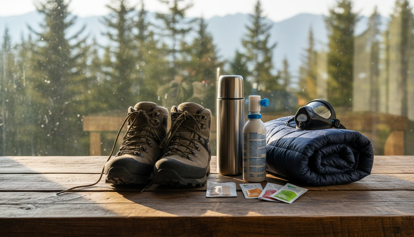 High-altitude trekking gear including boots, down jacket, thermos, and oxygen canister arranged on a wooden table.