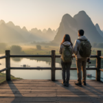 Two travelers looking out over misty green karst mountains and a calm river in Guilin during early morning light.