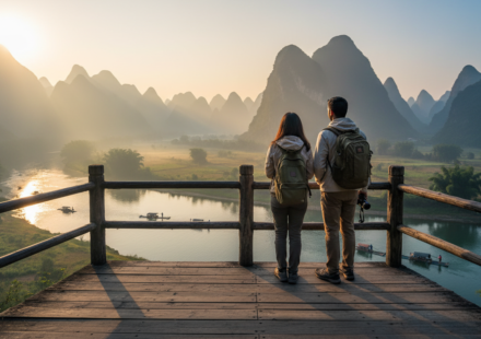 Two travelers looking out over misty green karst mountains and a calm river in Guilin during early morning light.