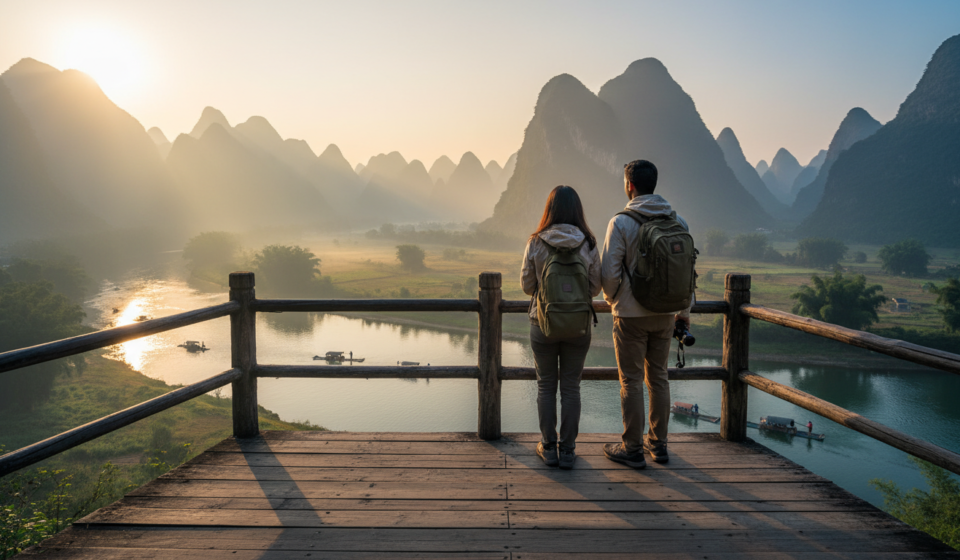 China Tourist Visa for Indian Passport Holders: 2026 Guide Two travelers looking out over misty green karst mountains and a calm river in Guilin during early morning light.