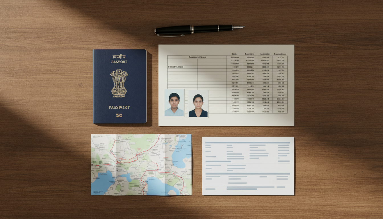China Tourist Visa for Indian Passport Holders: 2026 Guide 1 Overhead view of an Indian passport, bank documents, passport photos, and itinerary organized on a wooden table.