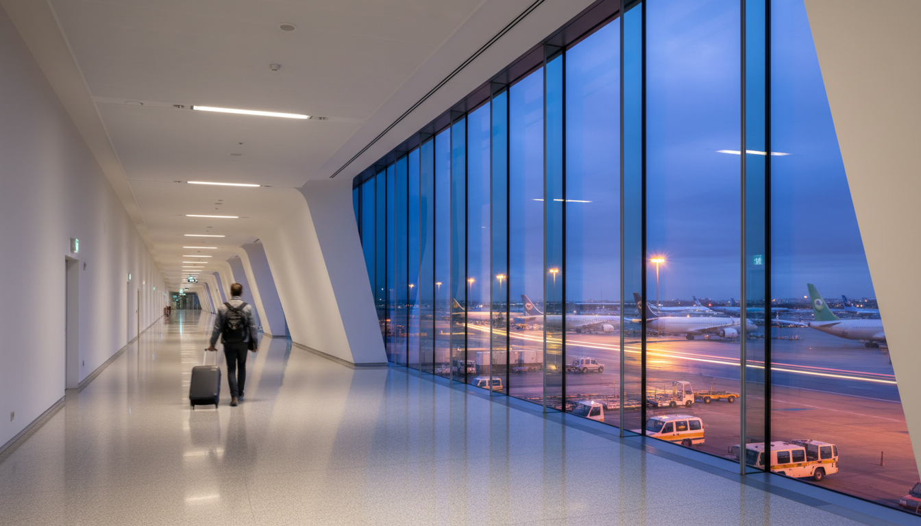 China Tourist Visa for Indian Passport Holders: 2026 Guide 2 A traveler walking with luggage inside a quiet airport transit terminal looking out at parked airplanes at dusk.