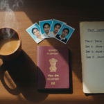 An Indian passport, printed travel photos, and an itinerary resting on a sunlit wooden desk.