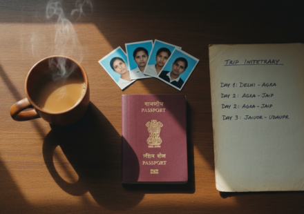 An Indian passport, printed travel photos, and an itinerary resting on a sunlit wooden desk.