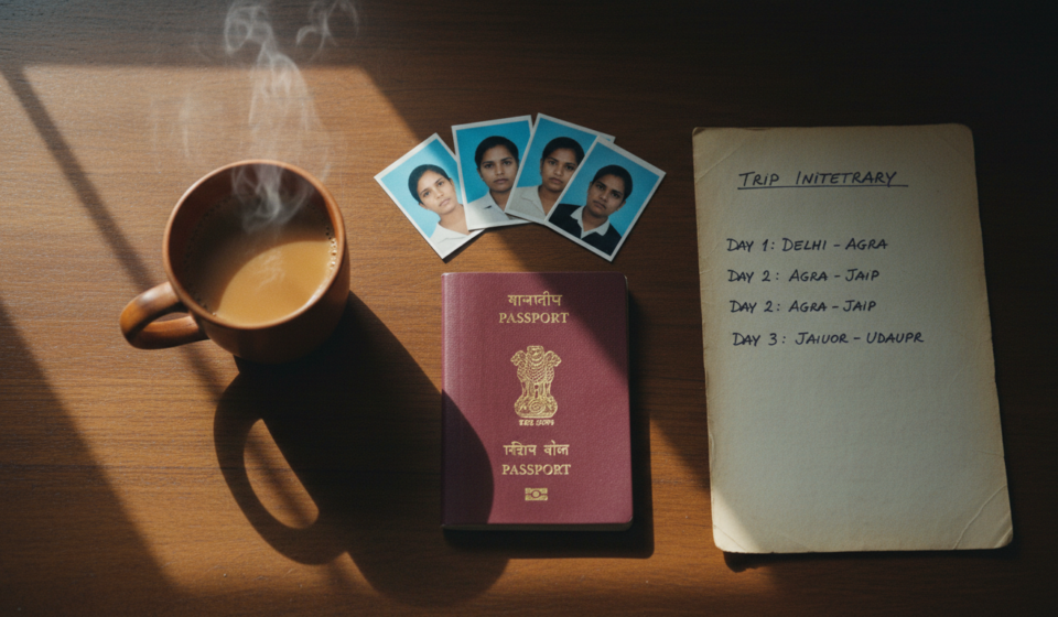 An Indian passport, printed travel photos, and an itinerary resting on a sunlit wooden desk.