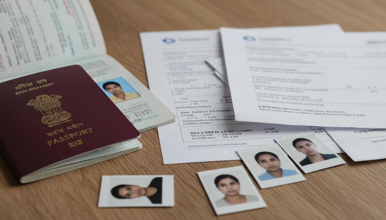 An open passport next to gloss-printed photos and financial papers on an oak desk.