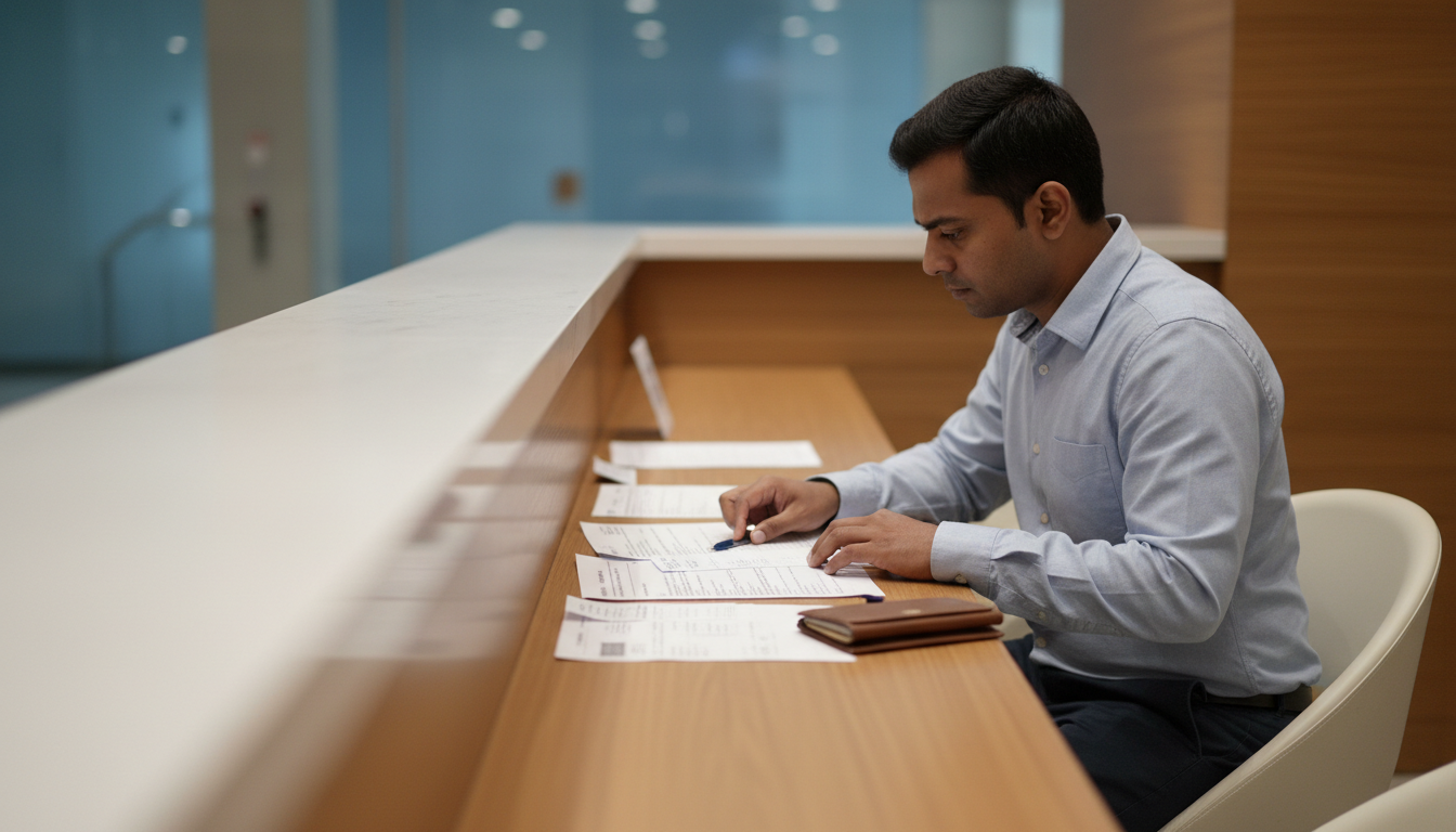 A traveler reviewing printed visa paperwork and documents at a service desk counter.