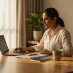 An Indian traveler organizing paper documents and a passport on a sunlit wooden desk.