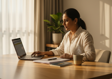 An Indian traveler organizing paper documents and a passport on a sunlit wooden desk.
