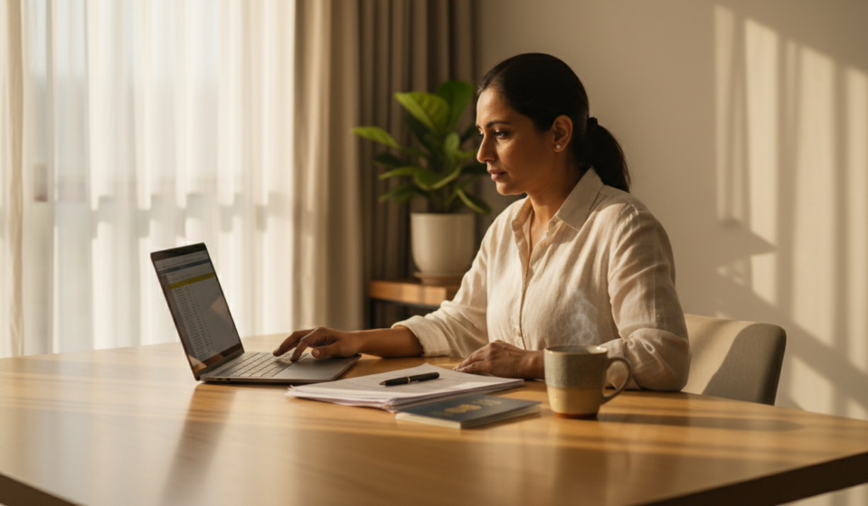 UK Tourist Visa Cover Letter: Format & Samples for Indians An Indian traveler organizing paper documents and a passport on a sunlit wooden desk.