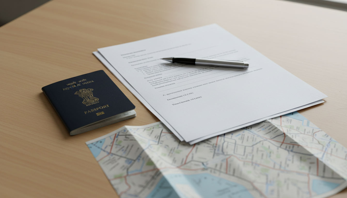 UK Tourist Visa Cover Letter: Format & Samples for Indians 1 Close-up of an Indian passport, silver pen, and printed paper application documents on a wooden table.