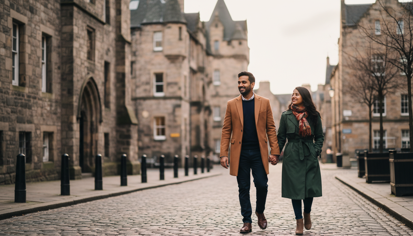 UK Tourist Visa Cover Letter: Format & Samples for Indians 2 An Indian couple walking along a cobbled street in Edinburgh during late afternoon.