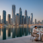 Indian couple sitting at a waterfront cafe looking out at illuminated Dubai skyscrapers during twilight.
