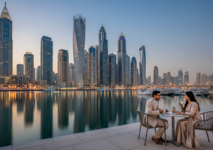 Indian couple sitting at a waterfront cafe looking out at illuminated Dubai skyscrapers during twilight.