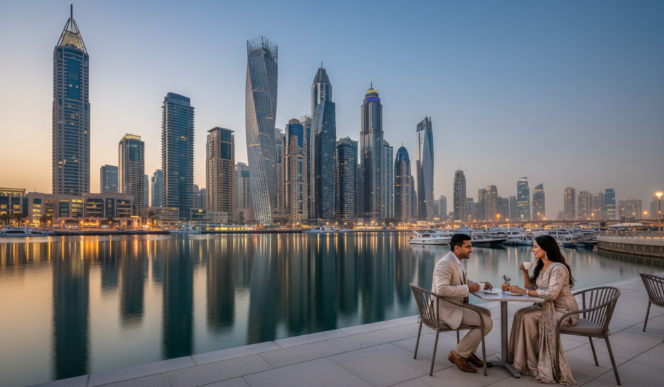 Indian couple sitting at a waterfront cafe looking out at illuminated Dubai skyscrapers during twilight.