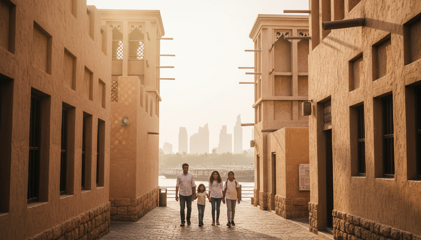 An Indian family walking along a quiet sandstone alleyway in the historic Al Fahidi district of Dubai.