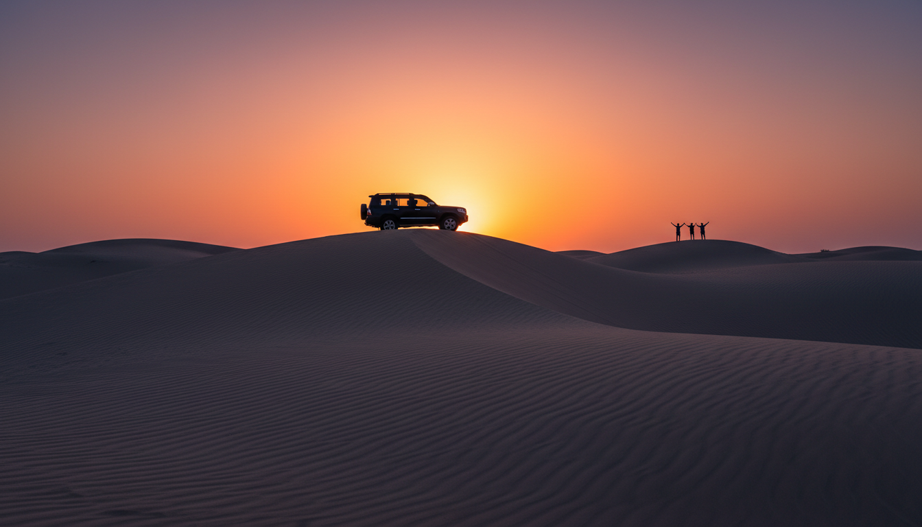 4x4 vehicle parked on golden sand dunes in the Dubai desert during a vibrant sunset.