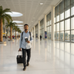 An Indian traveler holding a passport while walking through a brightly lit modern airport terminal.