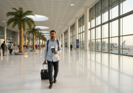 An Indian traveler holding a passport while walking through a brightly lit modern airport terminal.