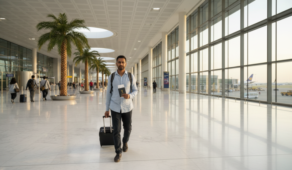 An Indian traveler holding a passport while walking through a brightly lit modern airport terminal.