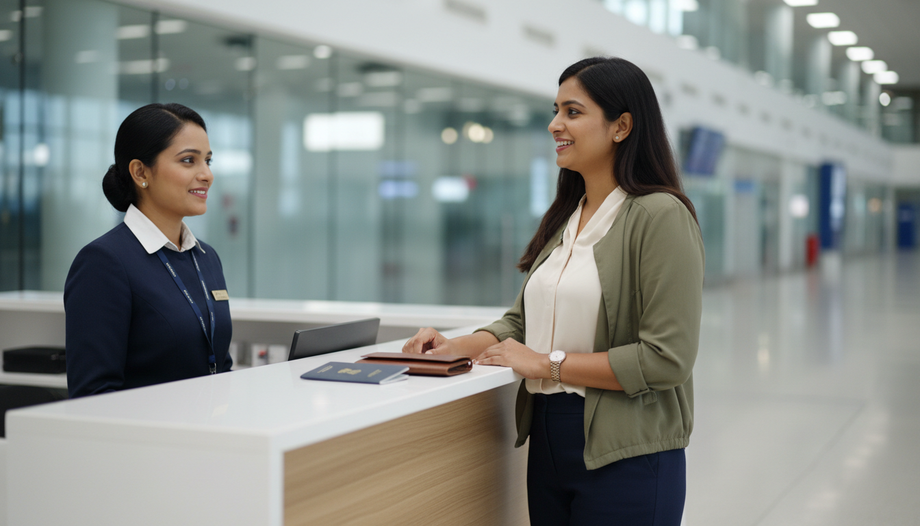 A woman presenting her travel documents to an airport counter agent in a clean arrival hall.
