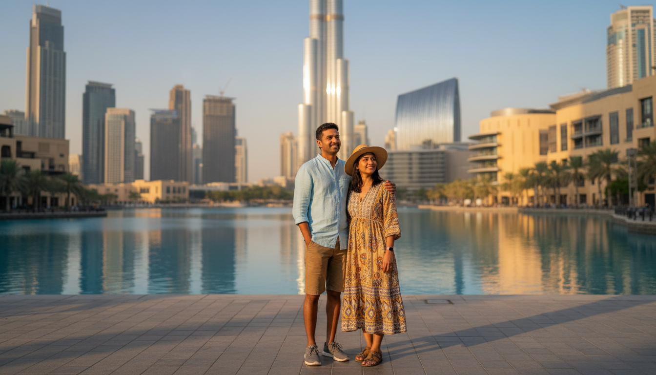 An Indian couple standing near the water in Downtown Dubai with modern skyscrapers in the background at sunset.