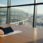 Hands placing an Indian passport booklet and boarding pass on a table in a sunlit airport departure lounge.
