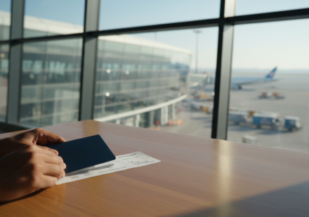 Hands placing an Indian passport booklet and boarding pass on a table in a sunlit airport departure lounge.