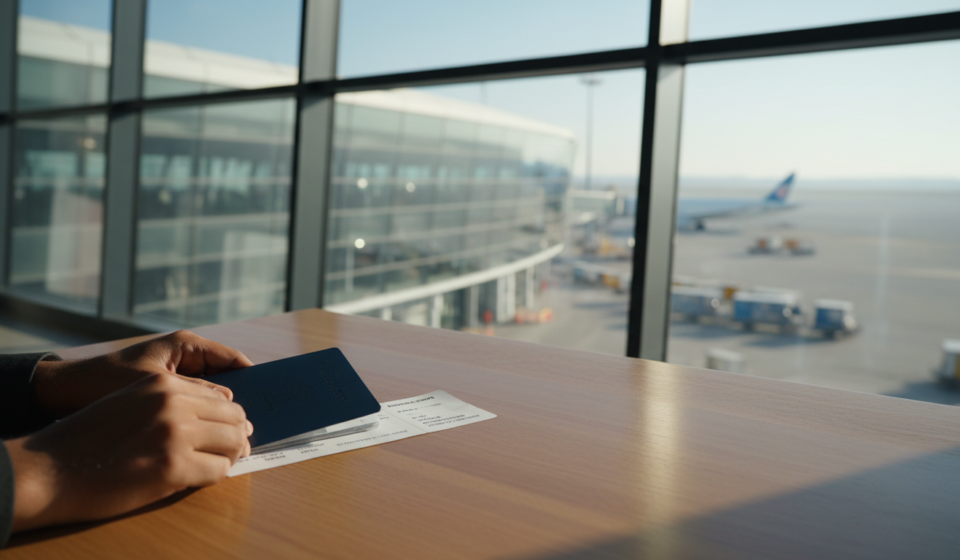 Hands placing an Indian passport booklet and boarding pass on a table in a sunlit airport departure lounge.