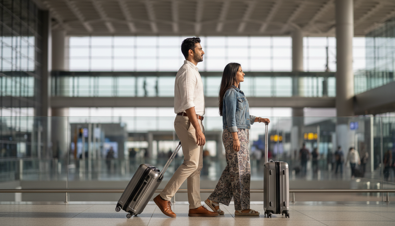 An Indian couple carrying carry-on luggage walking happily through a modern airport departure terminal.