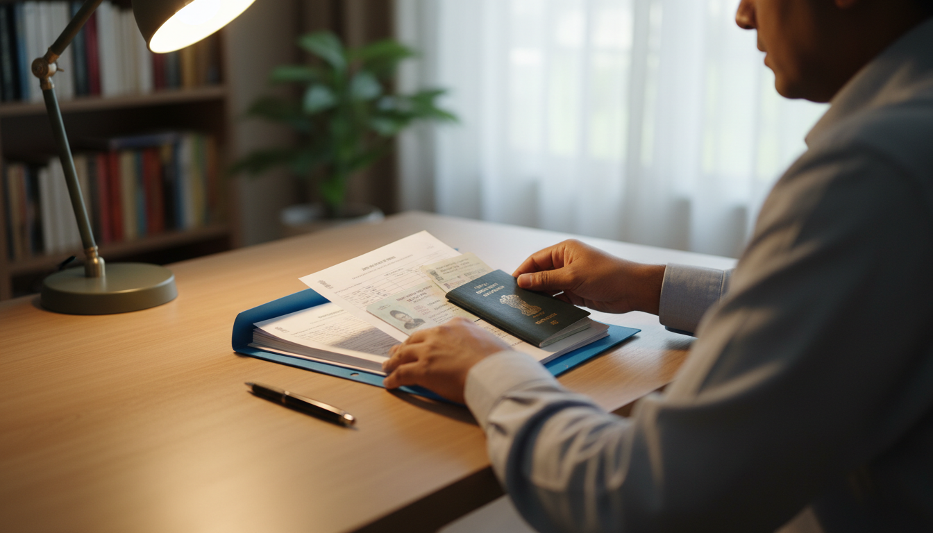 A person organizing personal documents, mark sheets, and a passport booklet on a wooden desk.