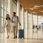 A couple walking through a bright modern airport departure terminal pulling a small suitcase.