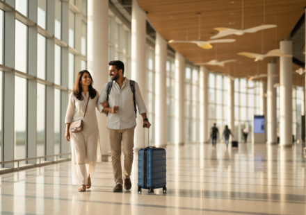 A couple walking through a bright modern airport departure terminal pulling a small suitcase.