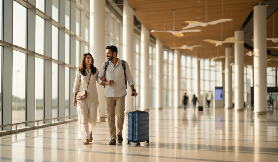 A couple walking through a bright modern airport departure terminal pulling a small suitcase.