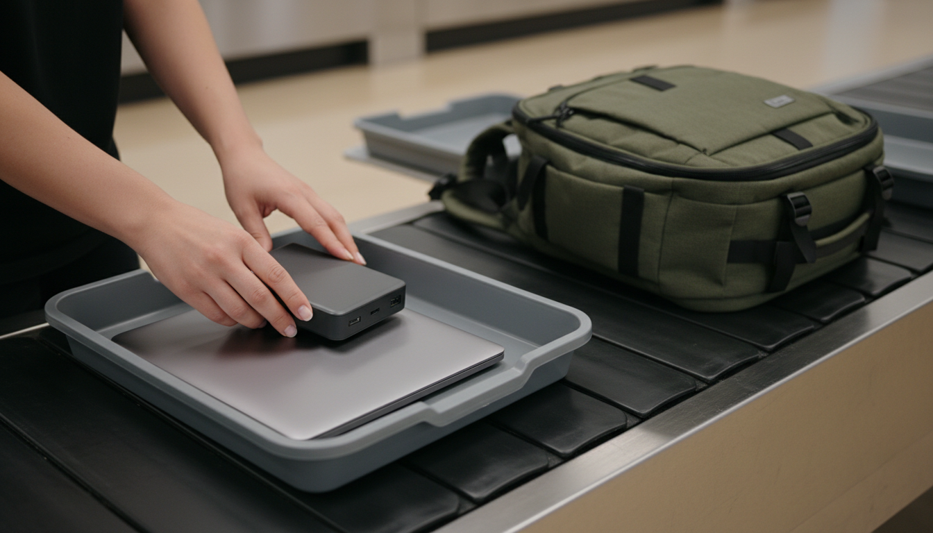 Hands placing a laptop and power bank flat into a gray security tray at an airport check point.