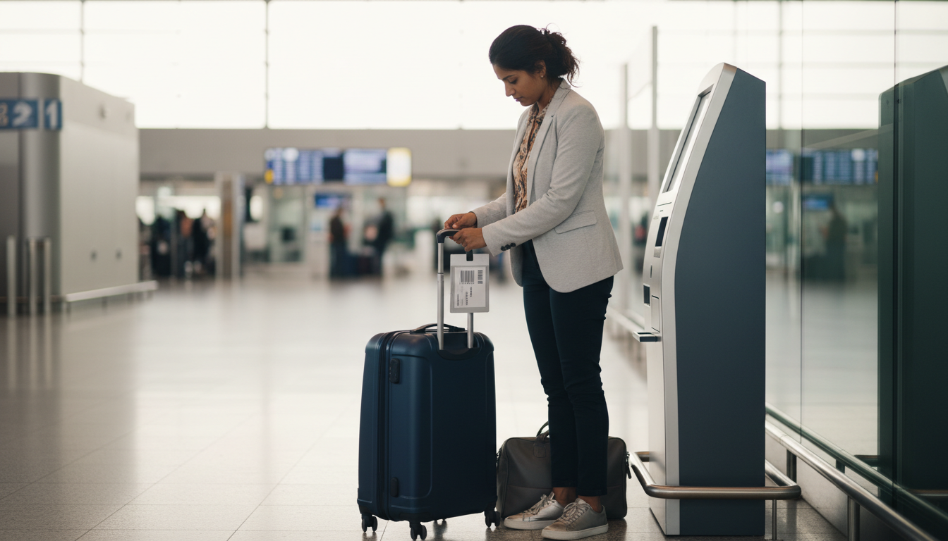 A traveler attaching a paper baggage tag to the handle of her suitcase in an airport terminal.