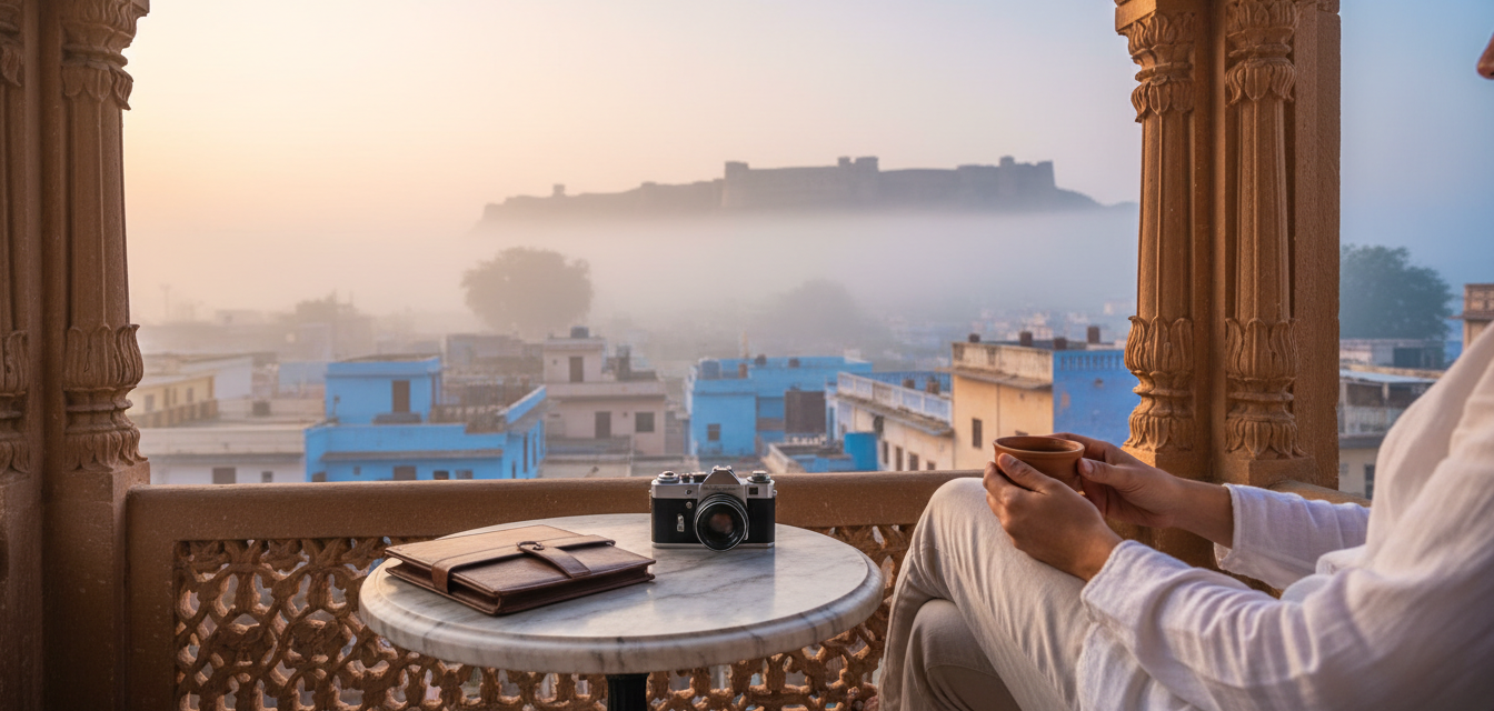 A traveler sitting on a heritage balcony in India with a cup of tea, smartphone, and travel wallet at sunrise.