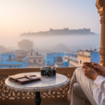 A traveler sitting on a heritage balcony in India with a cup of tea, smartphone, and travel wallet at sunrise.