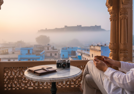 A traveler sitting on a heritage balcony in India with a cup of tea, smartphone, and travel wallet at sunrise.