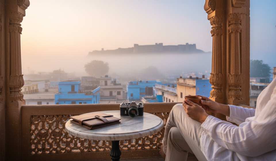 A traveler sitting on a heritage balcony in India with a cup of tea, smartphone, and travel wallet at sunrise.