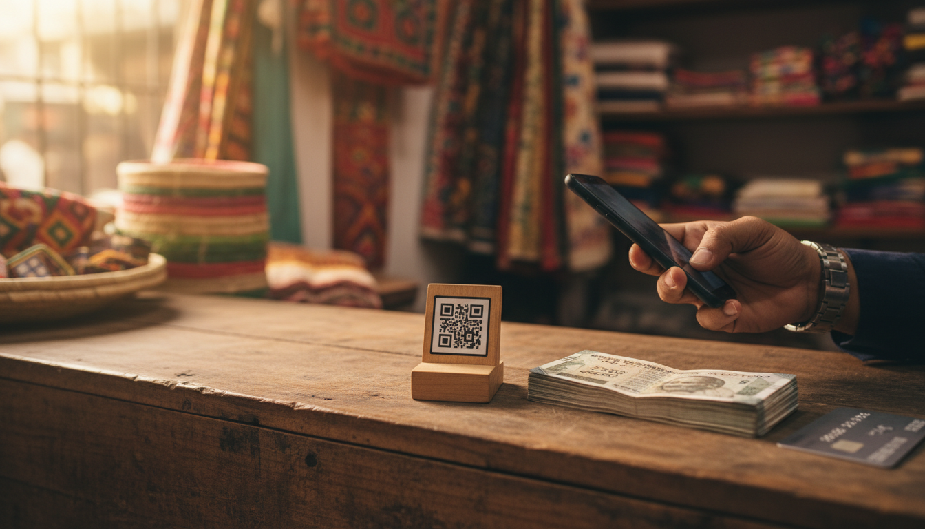 Close-up of a traveler holding a smartphone near a merchant payment code and Indian rupee banknotes on a counter.