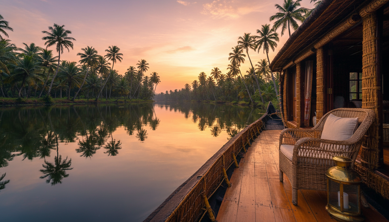 A wooden houseboat deck overlooking calm palm-lined backwaters in Kerala under a warm sunset sky.