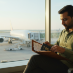 An Indian traveler holding a passport and travel documents inside a modern airport terminal overlooking aircraft.